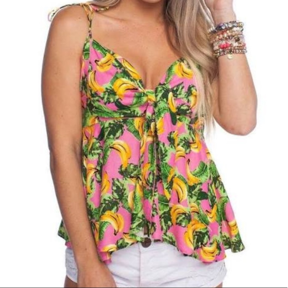Buddy Love Banana Print Ruffle Tie strap tank size medium